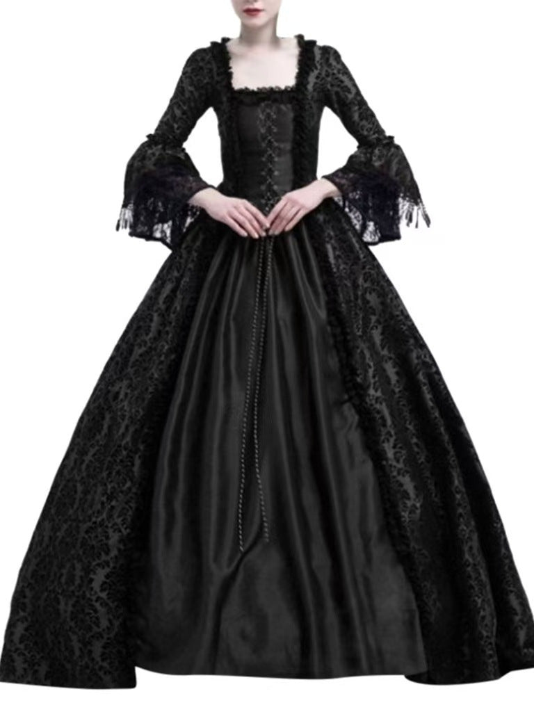New Large Size Retro Palace Medieval Dress with Lace Splicing and Bell Sleeves for Women's Stage Performance, in Stock