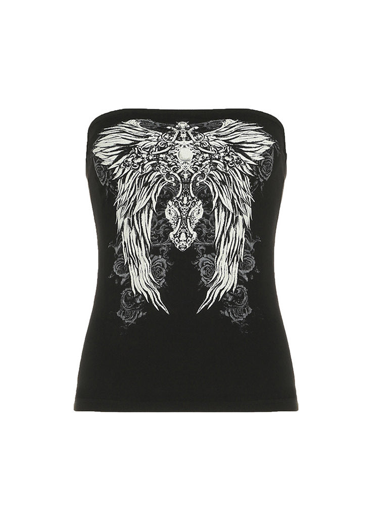 Women’s Y2K Wings Print Tube Top – Dark Retro Contrast Color Slim-Fit Fashion Crop Top