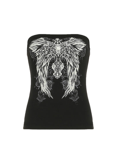 Women’s Y2K Wings Print Tube Top – Dark Retro Contrast Color Slim-Fit Fashion Crop Top