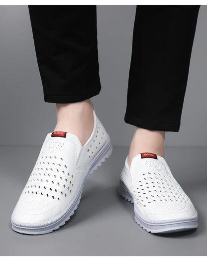 Men’s Breathable Leather Slip-On Shoes – Hollow-Out Perforated Summer Business Casual Loafers, Soft & Comfortable Low-Top Footwear
