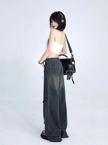 Cross-border Spring and Autumn American Retro Star Jeans Women's Multi-pocket Strap High Street Loose Straight Tooling Jeans