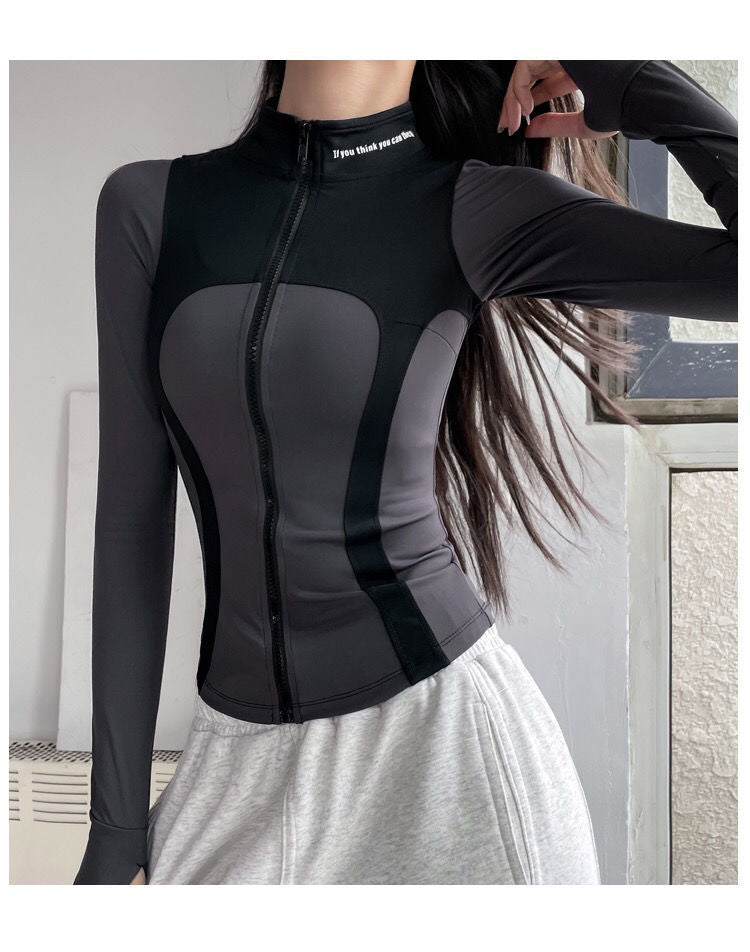 Autumn and Winter Slim Stitching Sports Jacket Women's Tight-Fit Vertical Collar Zipper Fitness Jacket Stretch Top Yoga Clothes Long Sleeve
