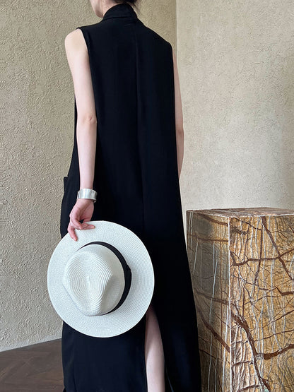 Luxi Elegant V-neck Sleeveless Kink Waist dress Women's Slimming Irregular High-end Hong Kong-style Long Skirt 3985