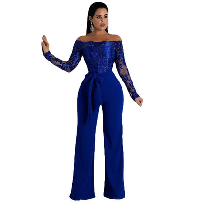 Women’s Lace Wide-Leg Jumpsuit – Elegant One-Shoulder Neck Casual Romper, European & American Style, 7 Colors