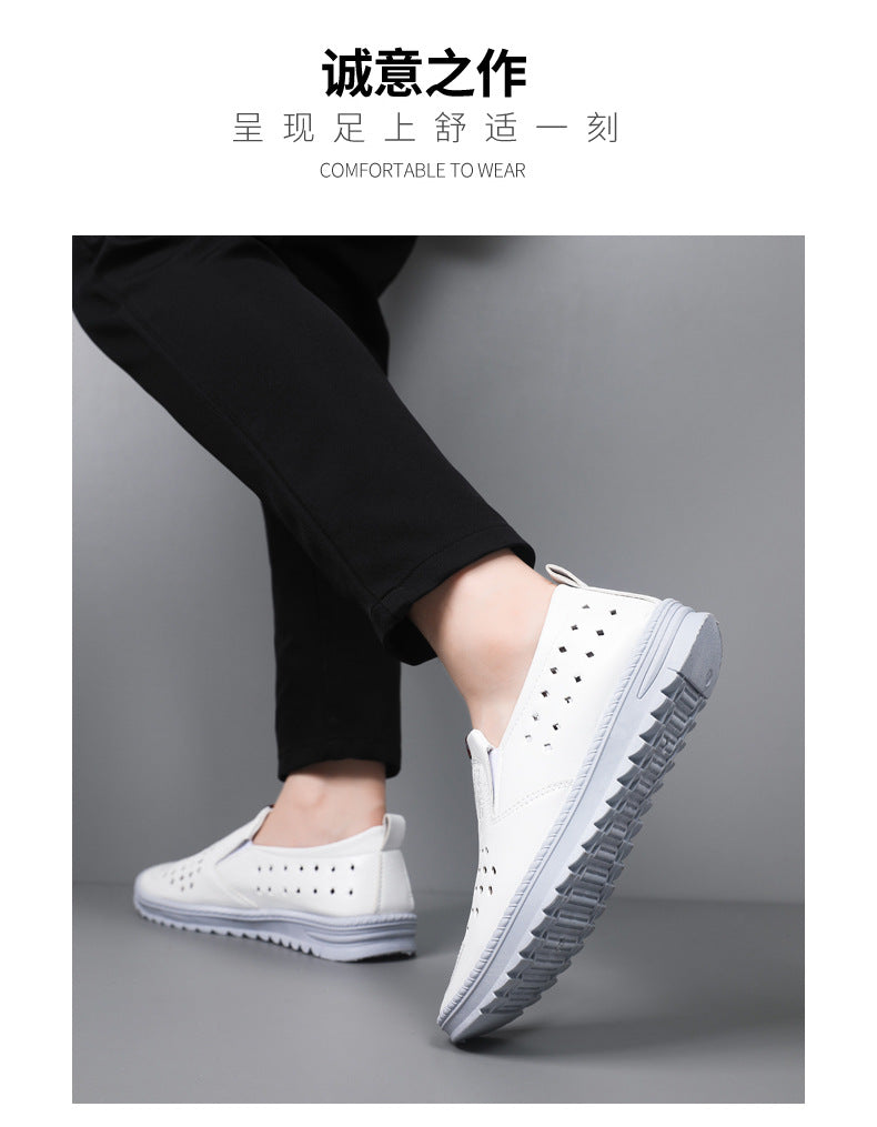 Men’s Breathable Leather Slip-On Shoes – Hollow-Out Perforated Summer Business Casual Loafers, Soft & Comfortable Low-Top Footwear