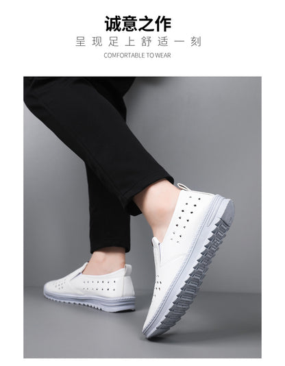 Men’s Breathable Leather Slip-On Shoes – Hollow-Out Perforated Summer Business Casual Loafers, Soft & Comfortable Low-Top Footwear