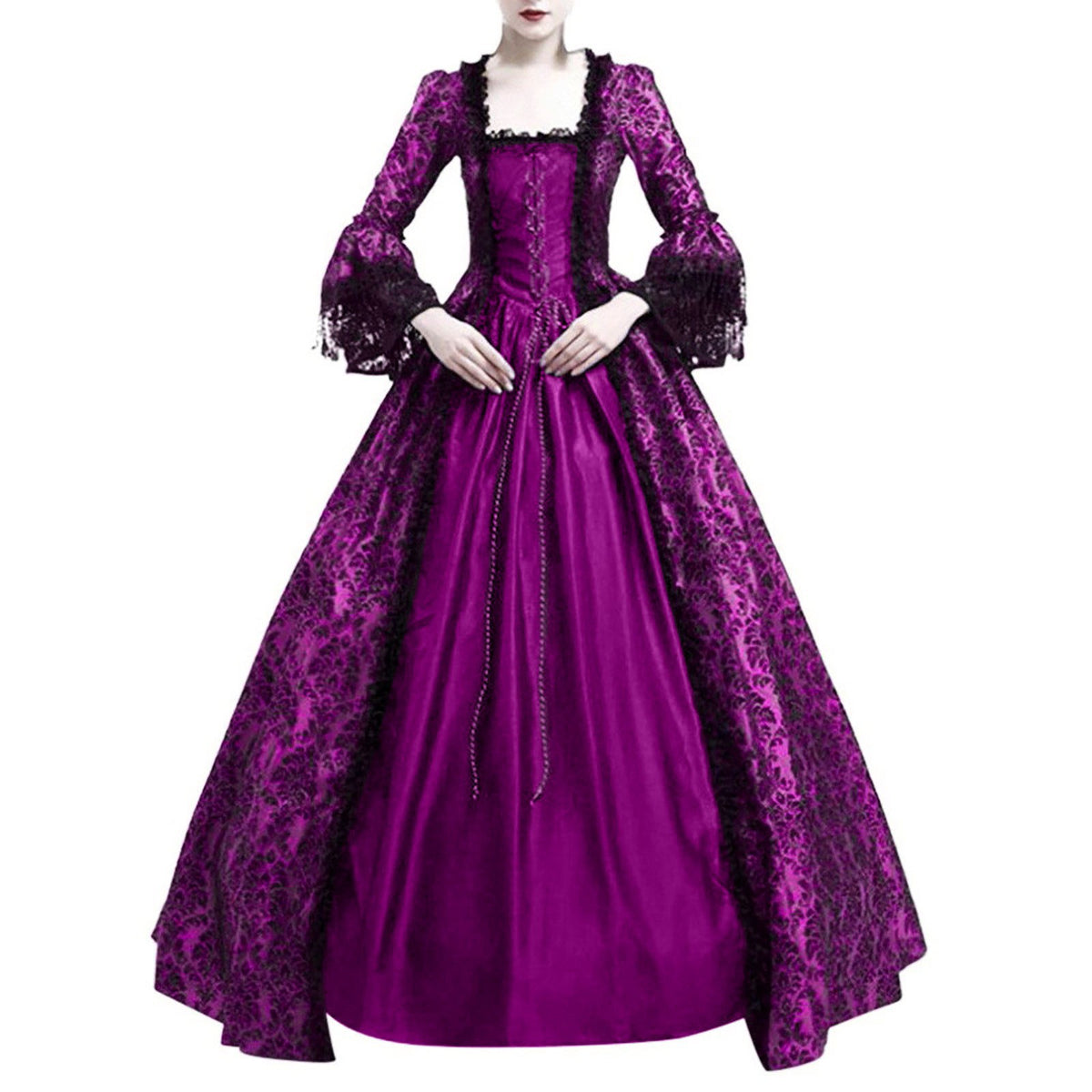 New Large Size Retro Palace Medieval Dress with Lace Splicing and Bell Sleeves for Women's Stage Performance, in Stock