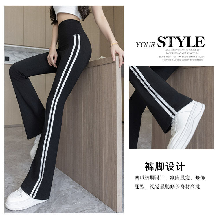 Plus Size Shark Bell Bottoms Spring Pants Women's Outer Wear Boot-Cut Pants Shark Pants High Waist Slim Side White Striped Women's Pants