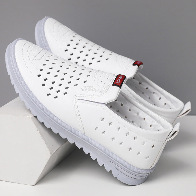 Men’s Breathable Leather Slip-On Shoes – Hollow-Out Perforated Summer Business Casual Loafers, Soft & Comfortable Low-Top Footwear