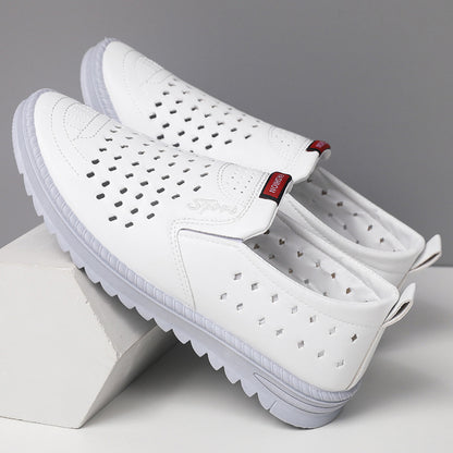 Men’s Breathable Leather Slip-On Shoes – Hollow-Out Perforated Summer Business Casual Loafers, Soft & Comfortable Low-Top Footwear