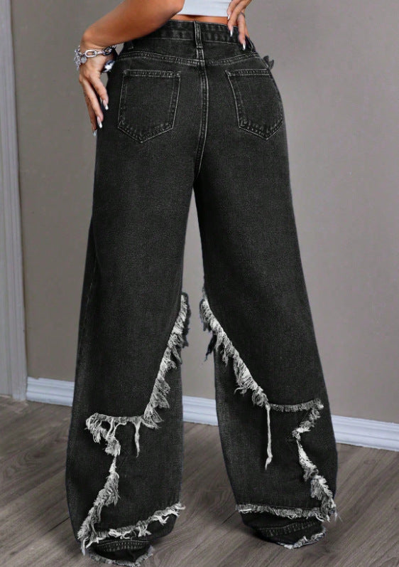 Cross-border Spring and Autumn American Retro Star Jeans Women's Multi-pocket Strap High Street Loose Straight Tooling Jeans