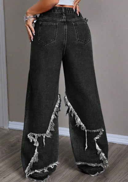 Cross-border Spring and Autumn American Retro Star Jeans Women's Multi-pocket Strap High Street Loose Straight Tooling Jeans