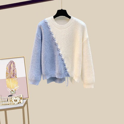 Plus Size Women's Autumn and Winter Suit 2025 New Stylish Patchwork Knitted Sweater Slimming Jeans Two-Piece Set