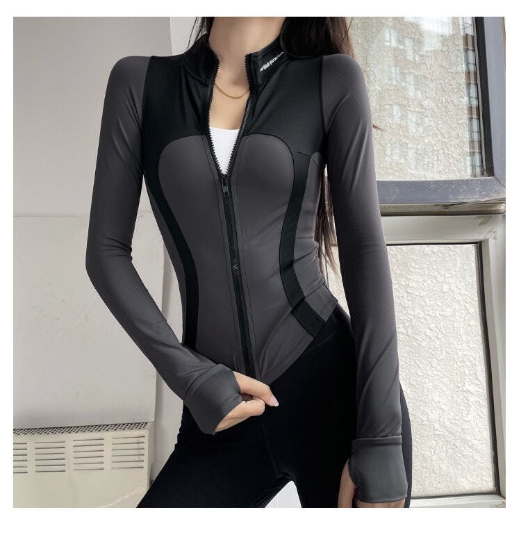 Autumn and Winter Slim Stitching Sports Jacket Women's Tight-Fit Vertical Collar Zipper Fitness Jacket Stretch Top Yoga Clothes Long Sleeve