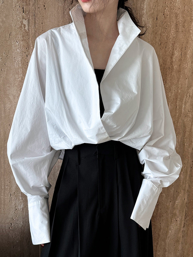 Luxi profile stacked stand collar deep V-neck white shirt Women's lazy batwing sleeve elegant large commuter shirt 9618