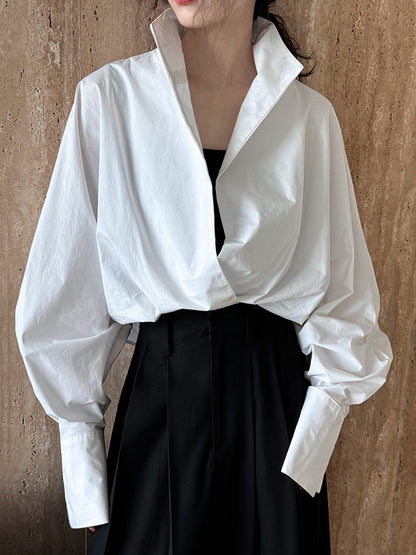 Luxi profile stacked stand collar deep V-neck white shirt Women's lazy batwing sleeve elegant large commuter shirt 9618