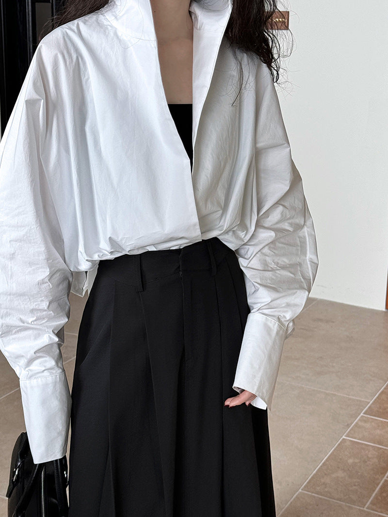 Luxi profile stacked stand collar deep V-neck white shirt Women's lazy batwing sleeve elegant large commuter shirt 9618