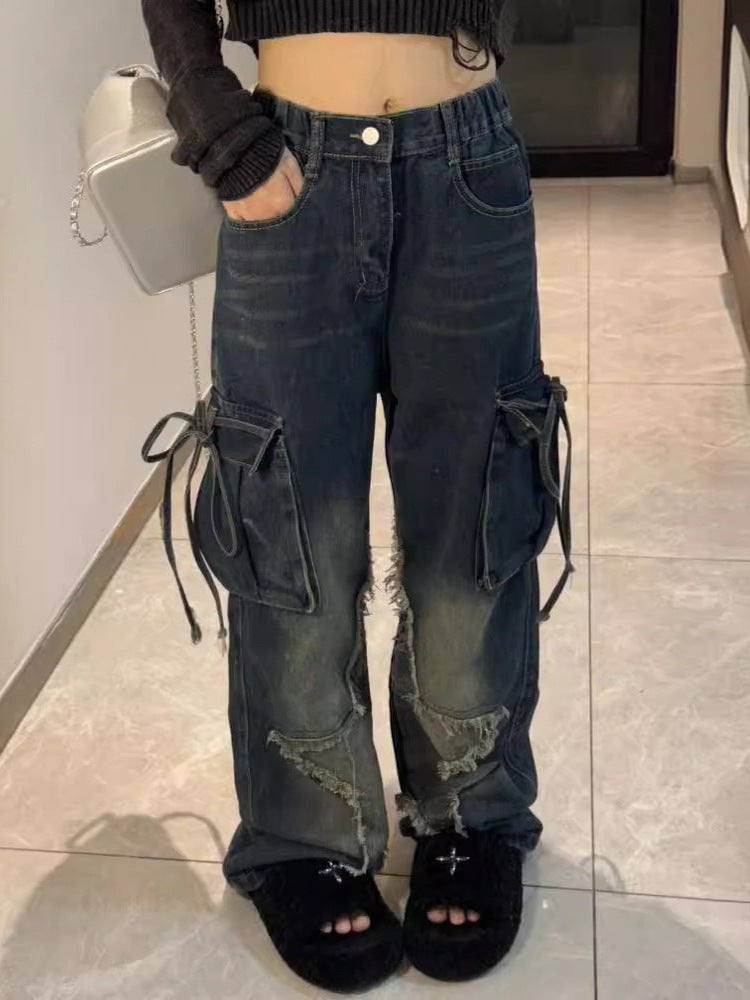 Cross-border Spring and Autumn American Retro Star Jeans Women's Multi-pocket Strap High Street Loose Straight Tooling Jeans