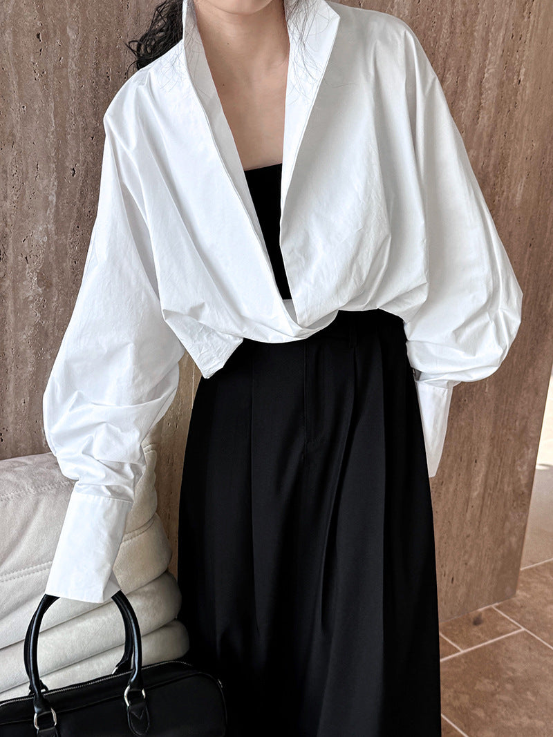 Luxi profile stacked stand collar deep V-neck white shirt Women's lazy batwing sleeve elegant large commuter shirt 9618