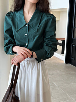 Luxi profile stacked stand collar deep V-neck white shirt Women's lazy batwing sleeve elegant large commuter shirt 9618