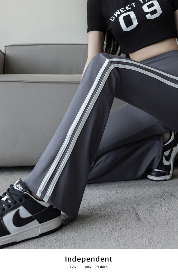 Plus Size Shark Bell Bottoms Spring Pants Women's Outer Wear Boot-Cut Pants Shark Pants High Waist Slim Side White Striped Women's Pants