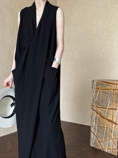 Luxi Elegant V-neck Sleeveless Kink Waist dress Women's Slimming Irregular High-end Hong Kong-style Long Skirt 3985