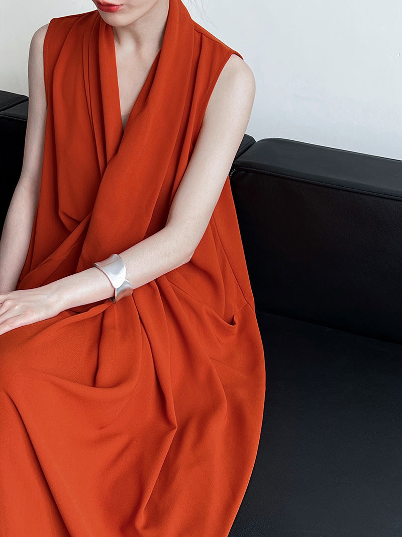Luxi Elegant V-neck Sleeveless Kink Waist dress Women's Slimming Irregular High-end Hong Kong-style Long Skirt 3985