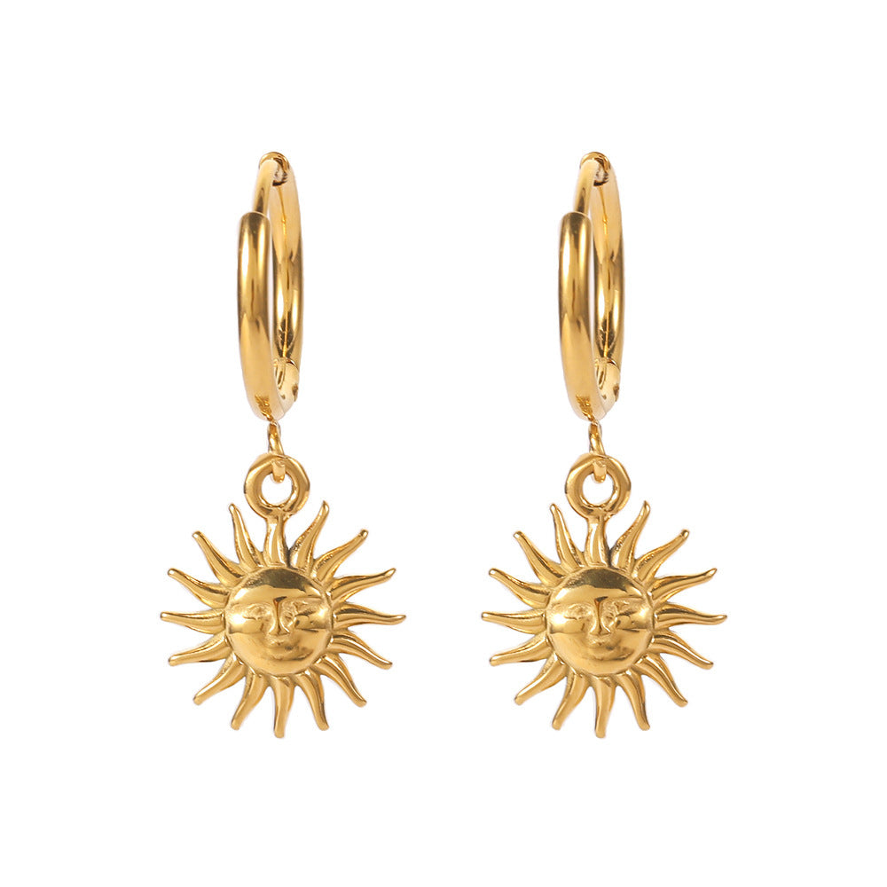 French Retro Titanium Steel Earrings, High-End 18K Gold Non-Fading Fashionable Earrings, Sun Pendant Earrings, Jewelry