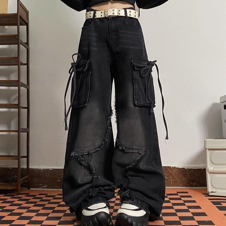 Cross-border Spring and Autumn American Retro Star Jeans Women's Multi-pocket Strap High Street Loose Straight Tooling Jeans