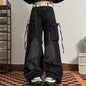 Cross-border Spring and Autumn American Retro Star Jeans Women's Multi-pocket Strap High Street Loose Straight Tooling Jeans