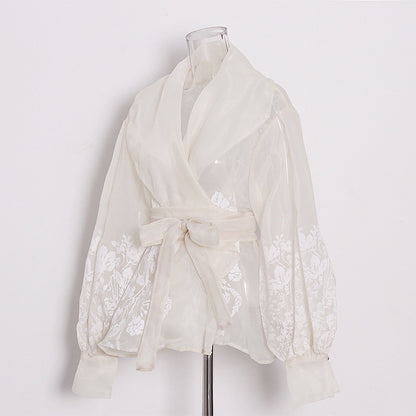 French-Style Elegant Printed Blouse 2026 Summer New Organza Large Lapel Lantern Sleeve Waist-Cinching Tie Shirt for Women