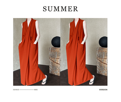 Luxi Elegant V-neck Sleeveless Kink Waist dress Women's Slimming Irregular High-end Hong Kong-style Long Skirt 3985