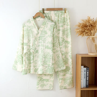New Chinoiserie Pure Cotton Double-Layer Cotton Gauze Women's Pajamas Spring, Autumn and Summer Thin Long-Sleeved Lace-Up Home Clothes Set