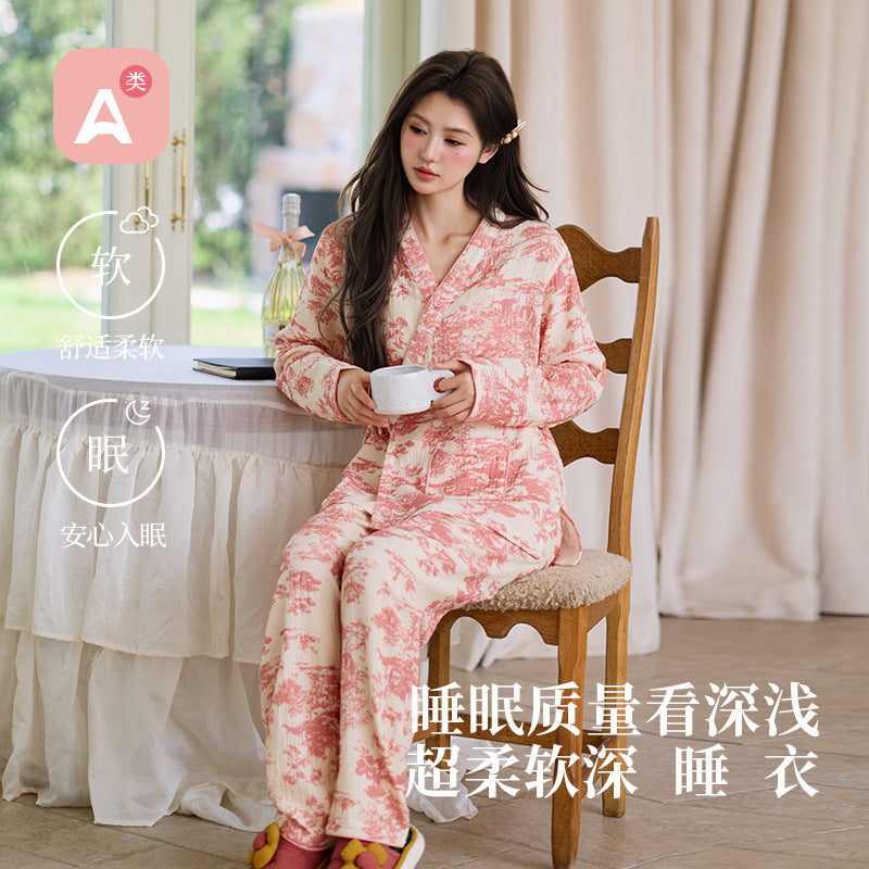 New Chinoiserie Pure Cotton Double-Layer Cotton Gauze Women's Pajamas Spring, Autumn and Summer Thin Long-Sleeved Lace-Up Home Clothes Set