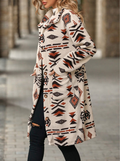 Flash velvet 2023 cross-border autumn and winter new European and American women's single-breasted ethnic style printed plush long coat coat