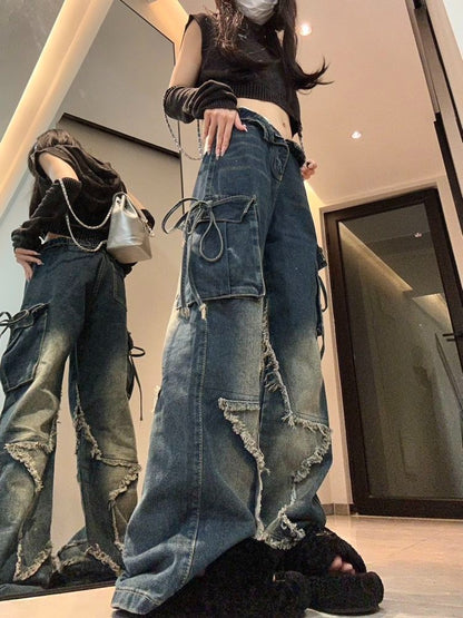 Cross-border Spring and Autumn American Retro Star Jeans Women's Multi-pocket Strap High Street Loose Straight Tooling Jeans