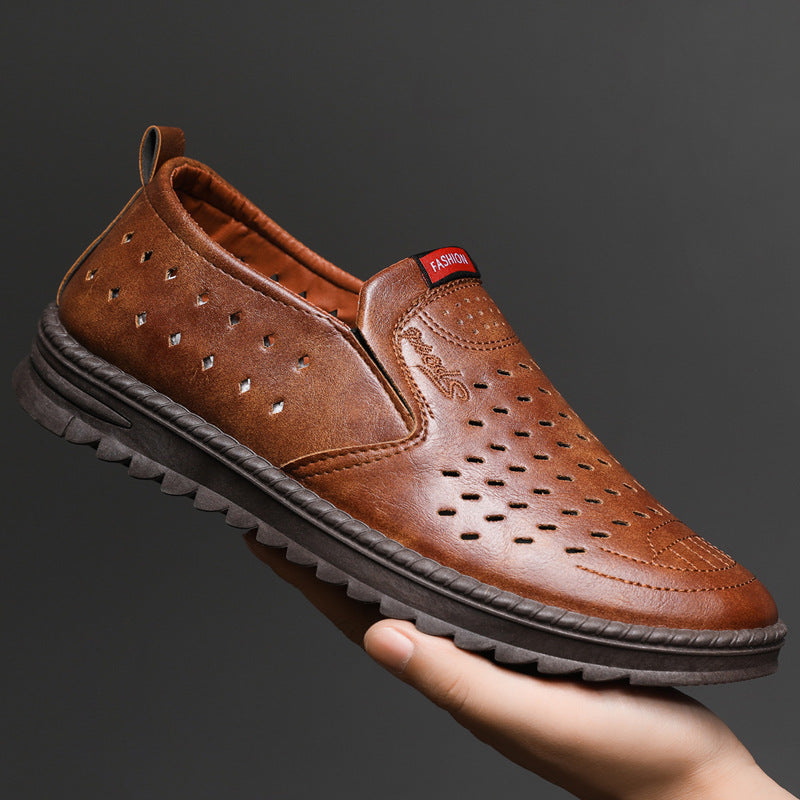 Men’s Breathable Leather Slip-On Shoes – Hollow-Out Perforated Summer Business Casual Loafers, Soft & Comfortable Low-Top Footwear