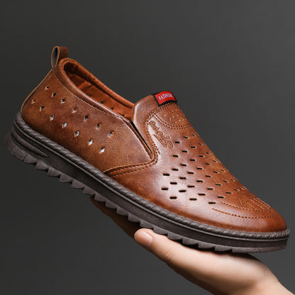 Men’s Breathable Leather Slip-On Shoes – Hollow-Out Perforated Summer Business Casual Loafers, Soft & Comfortable Low-Top Footwear