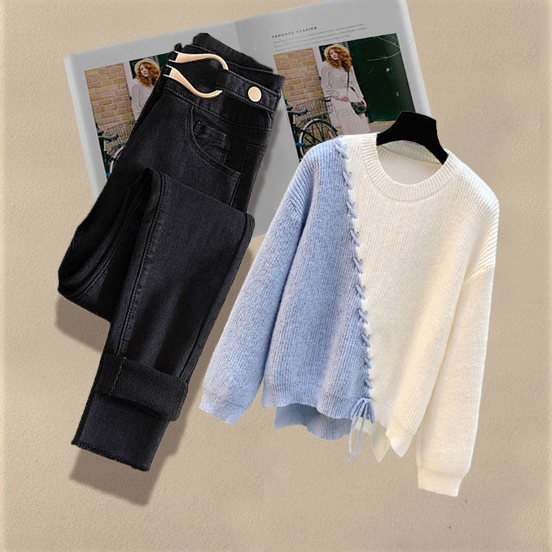Plus Size Women's Autumn and Winter Suit 2025 New Stylish Patchwork Knitted Sweater Slimming Jeans Two-Piece Set