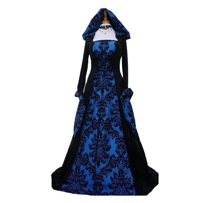Special Big Sale - Retro Medieval Printed Long Dress Victorian Hooded Dress Stage Performance Costume