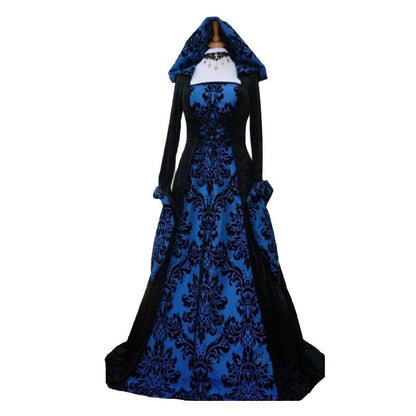 Special Big Sale - Retro Medieval Printed Long Dress Victorian Hooded Dress Stage Performance Costume
