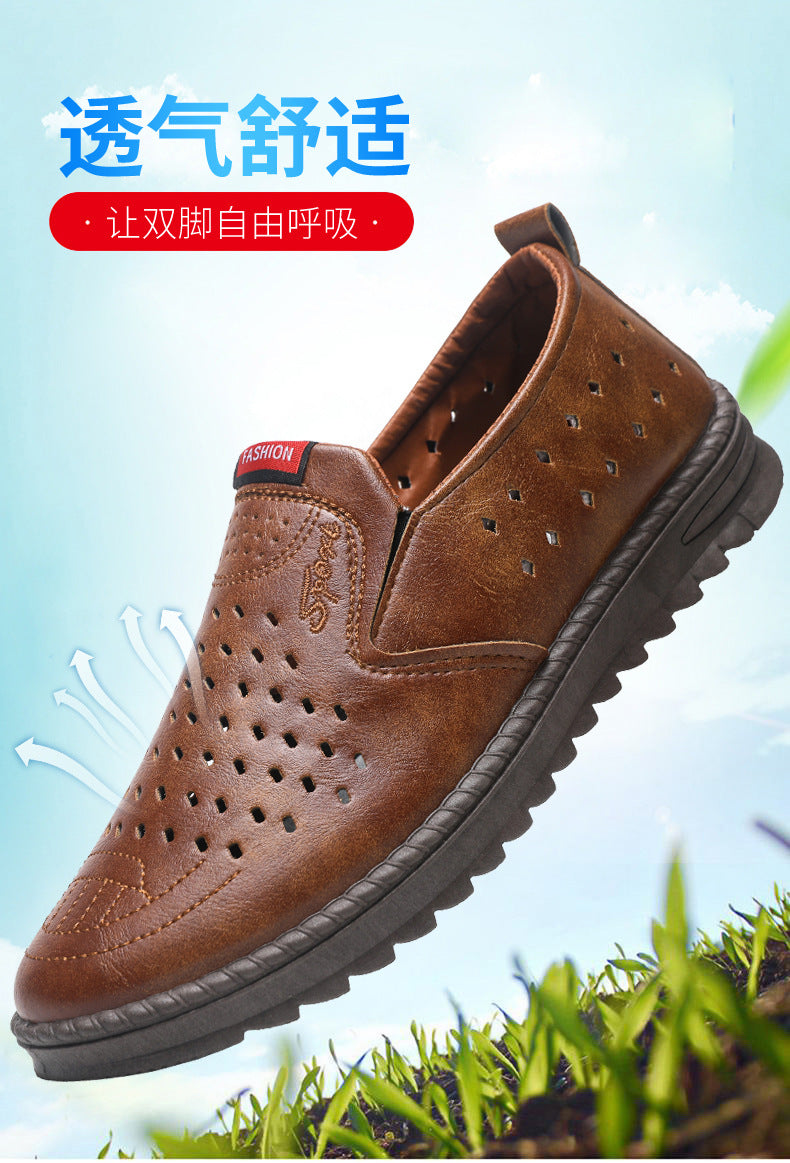 Men’s Breathable Leather Slip-On Shoes – Hollow-Out Perforated Summer Business Casual Loafers, Soft & Comfortable Low-Top Footwear