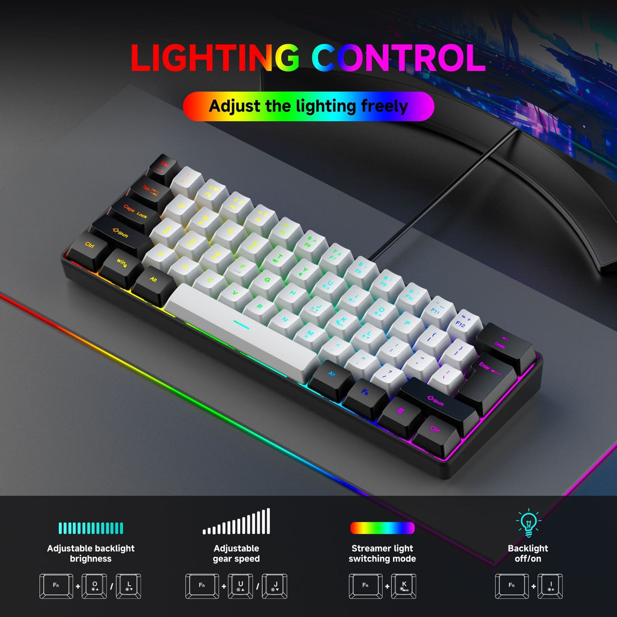 61 key RGB game wired keyboard mouse suit colorful MINI non-mechanical film black and white computer keyboard