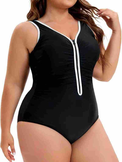 One-Piece Swimsuit, European and American Style, Plus Size, Black and Blue Color-Blocking, Front Zipper, Slimming Swimsuit, Waist-Cinching, Tummy-Covering, for Plus-Size Women, Hot Spring Swimwear