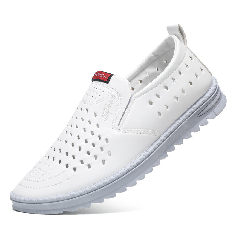 Men’s Breathable Leather Slip-On Shoes – Hollow-Out Perforated Summer Business Casual Loafers, Soft & Comfortable Low-Top Footwear