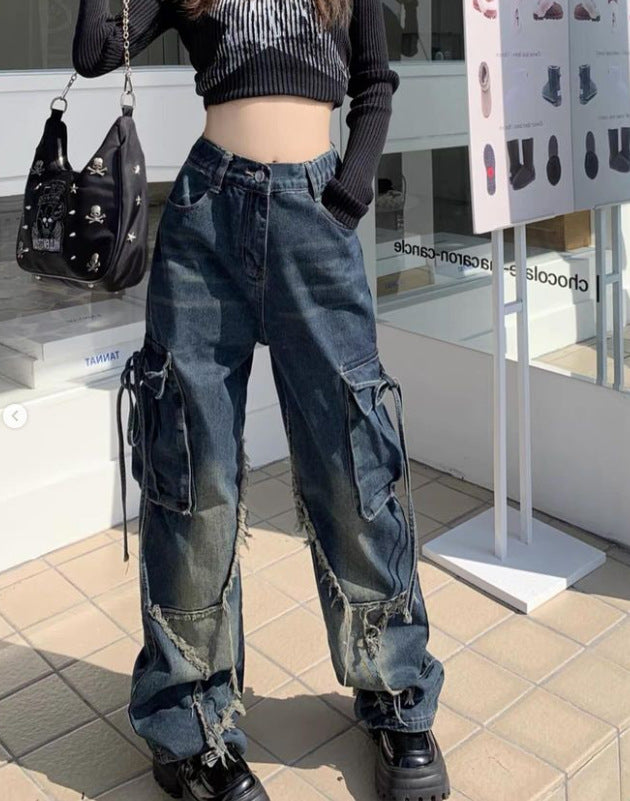 Cross-border Spring and Autumn American Retro Star Jeans Women's Multi-pocket Strap High Street Loose Straight Tooling Jeans