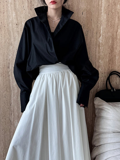 Luxi profile stacked stand collar deep V-neck white shirt Women's lazy batwing sleeve elegant large commuter shirt 9618