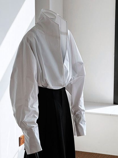 Luxi profile stacked stand collar deep V-neck white shirt Women's lazy batwing sleeve elegant large commuter shirt 9618