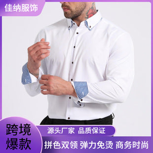 Cross-Border Four-Way Stretch Shirt Men's Shirt Wrinkle-Free and Anti-Wrinkle Amazon Export Thin Cardigan Long-Sleeved Shirt for Men