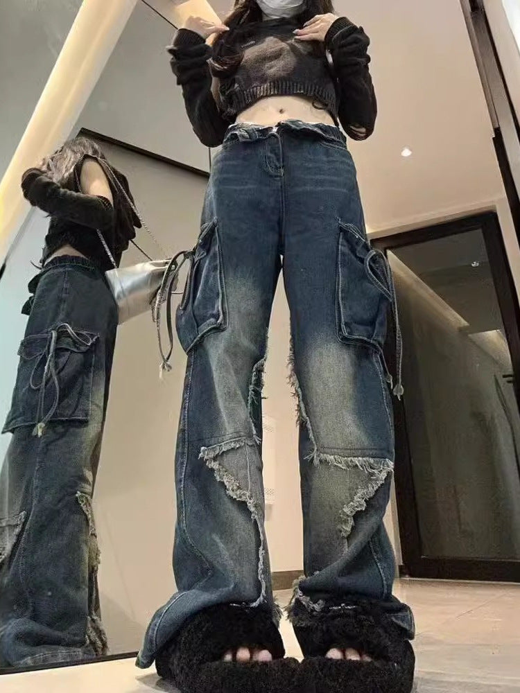 Cross-border Spring and Autumn American Retro Star Jeans Women's Multi-pocket Strap High Street Loose Straight Tooling Jeans
